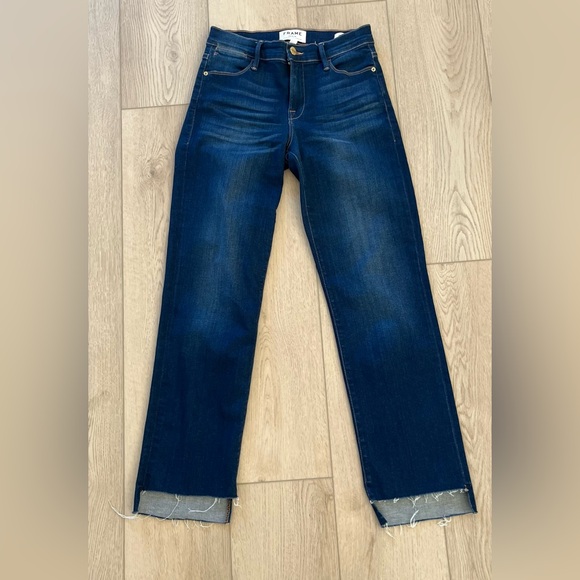 FRAME Le High Straight Raw Edge Hem Dark Wash Stretch Women’s Size 25 - Picture 2 of 10